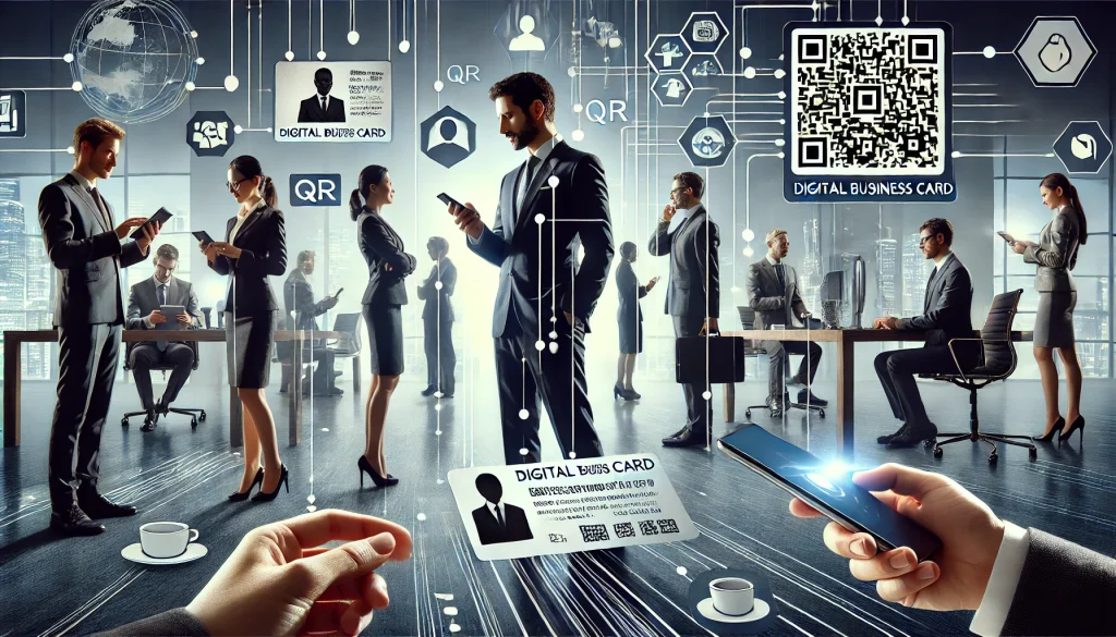 DALL·E 2024-07-25 13.26.50 - A scene illustrating the importance of digital business cards in the corporate world. The image features professionals exchanging digital business car